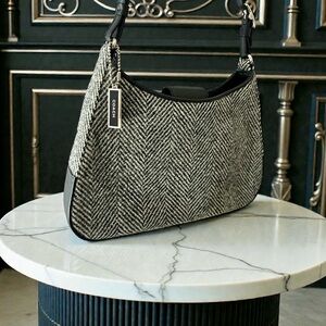*SOLD* 2000 COACH Girlie Bouclé Small Hobo – Gray & Black Herringbone Wool